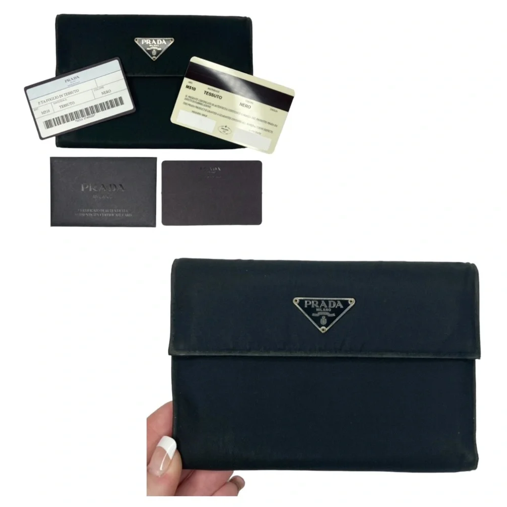 Authentic PRADA Black Tessuto Nero Nylon & Saffiano Leather Snap Bifold Wallet